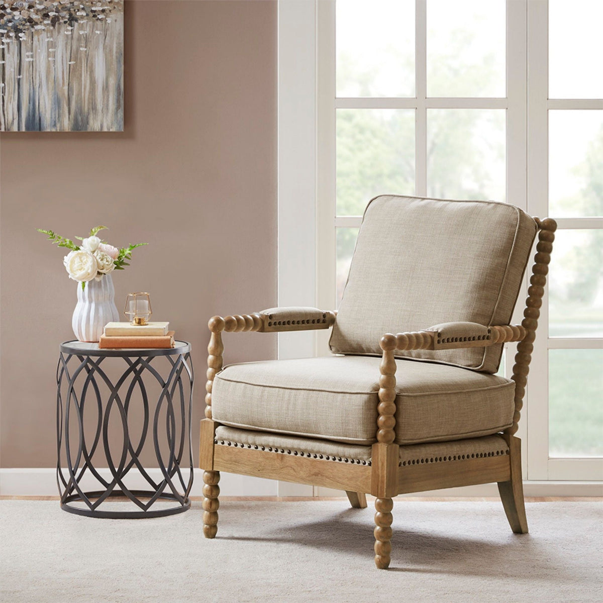Arm Chair With Open Back Spindle Design, Padded Armrests