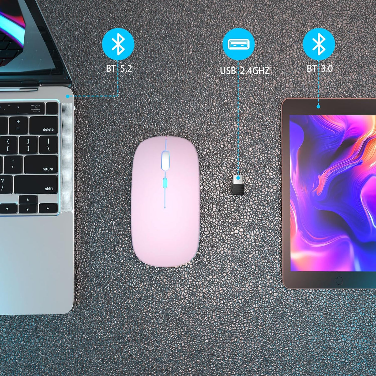 Wireless Bluetooth Mouse, Rechargeable, Dual Mode Bluetooth 5.2 & 2.4G USB, LED Lights, Slim, Silent, Portable Computer Mouse for Laptop, PC, Macbook, Ipad, Tablet (Pink)