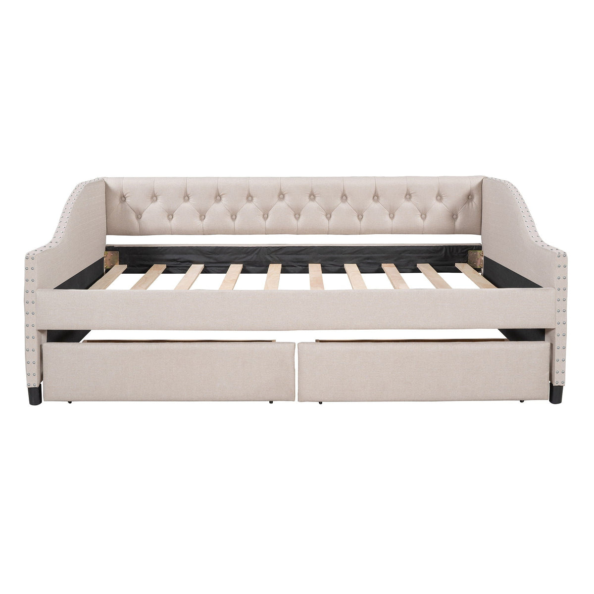 Upholstered Daybed With Two Drawers, Wood Slat Support