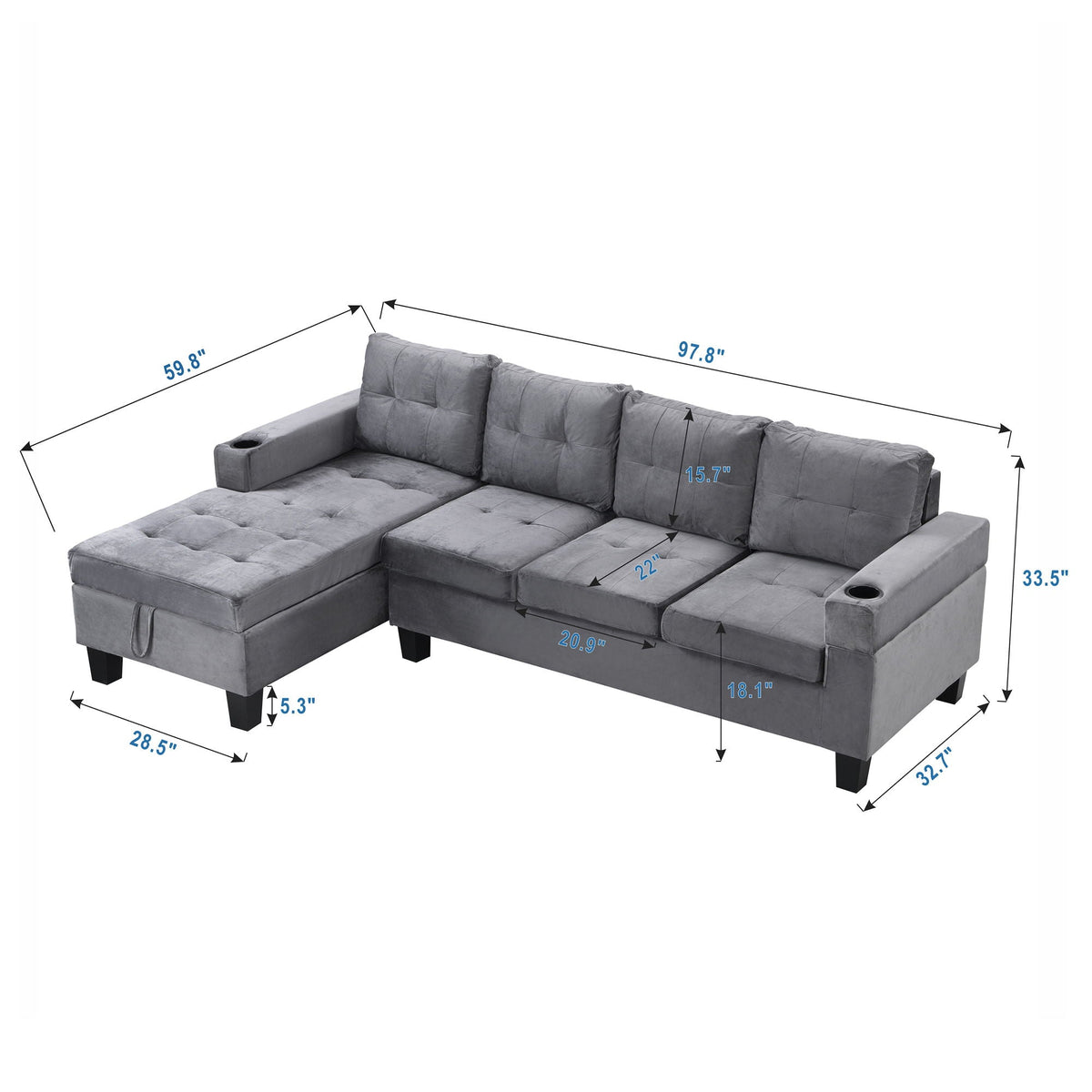 Modern Sectional Sofa Set With L Shape Chaise Lounge And Storage