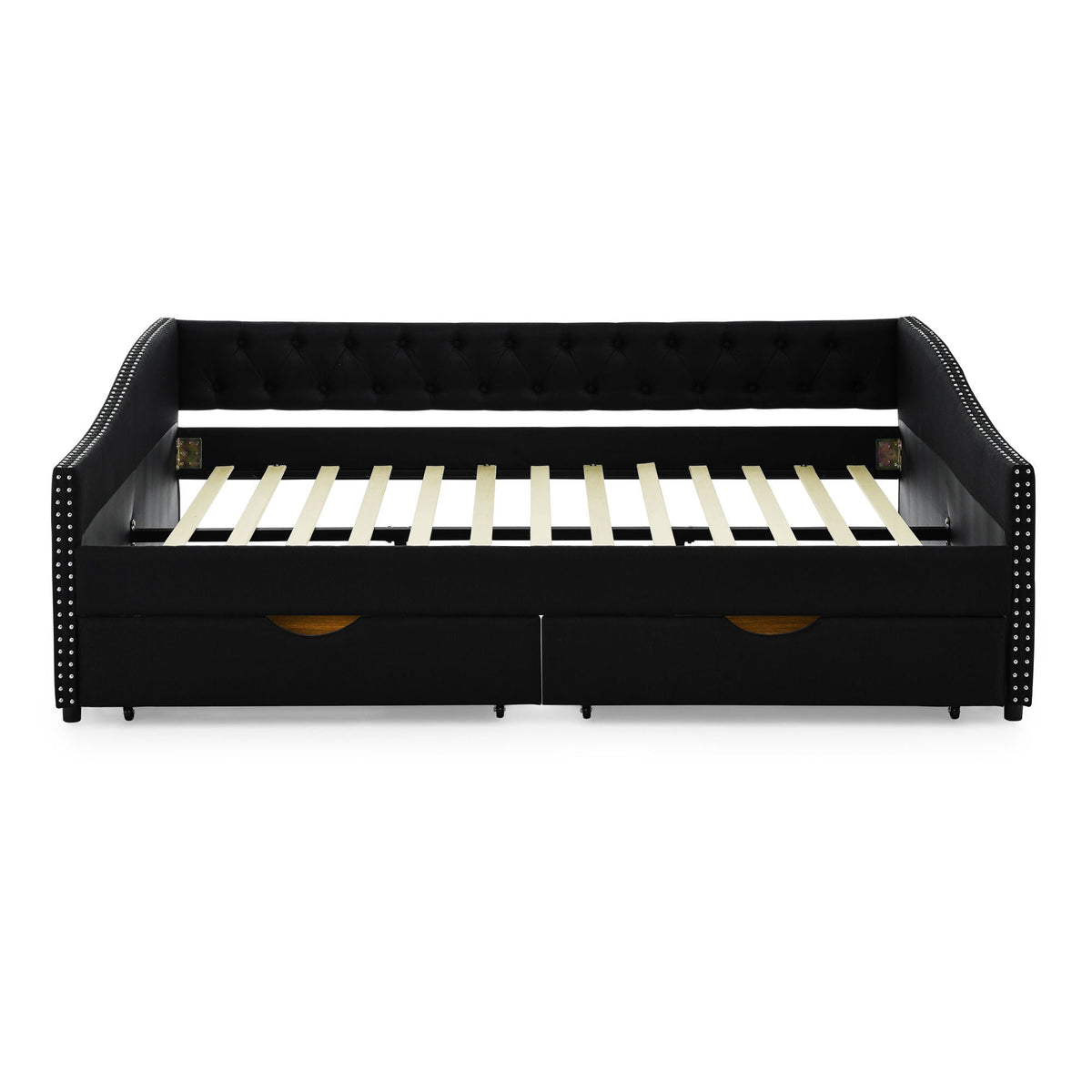 Upholstered Tufted Daybed With 2 Drawers, Waved Arms