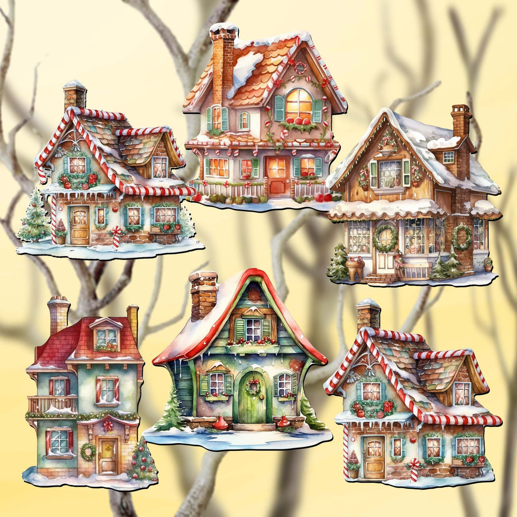 Dream Houses Clip-On Eco Wood Decorative Ornaments Set of 6 by G. Debrekht - Christmas Decor - 8090029C-S6