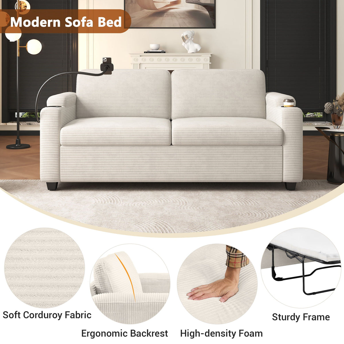 Sleeper Sofa Loveseat Sofa With Full Size Mattress, 2 USB Ports, 2 Cup Holders, 2 Side Pockets And Phone Holder