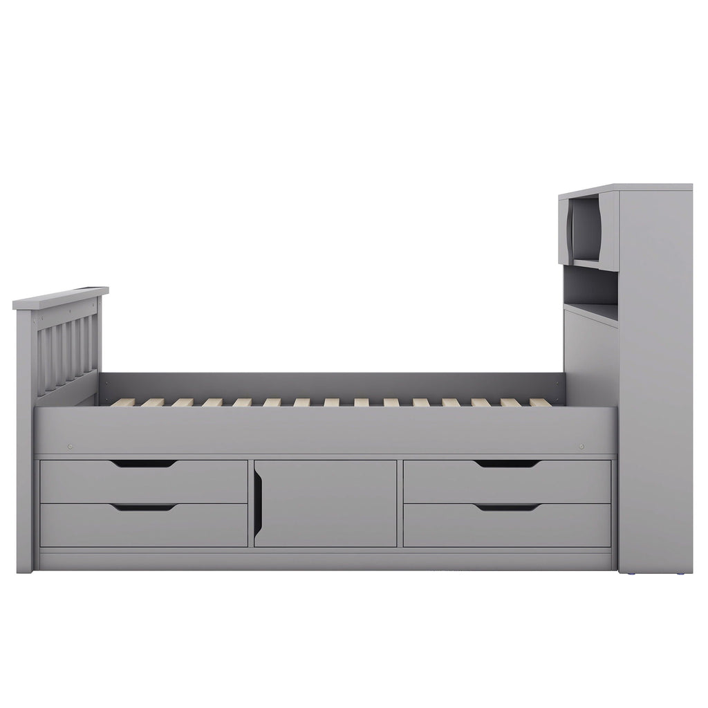 Captain Platform Bed Frame With Storage Bookcases, Shelves, And 4 Drawers