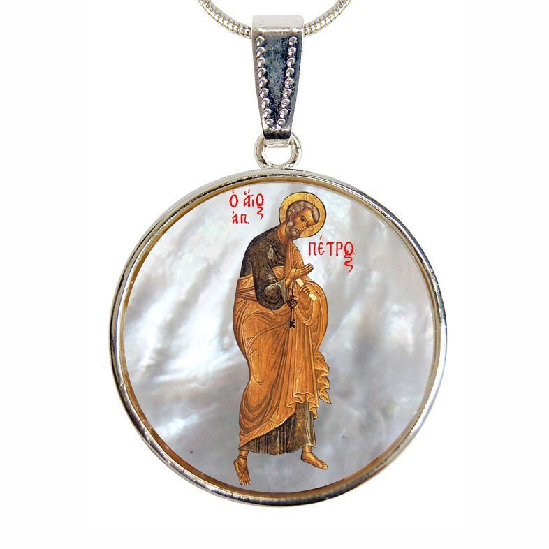 Saint Peter Small Oval Silver-Plated Mother of Pearl Necklace - 43042