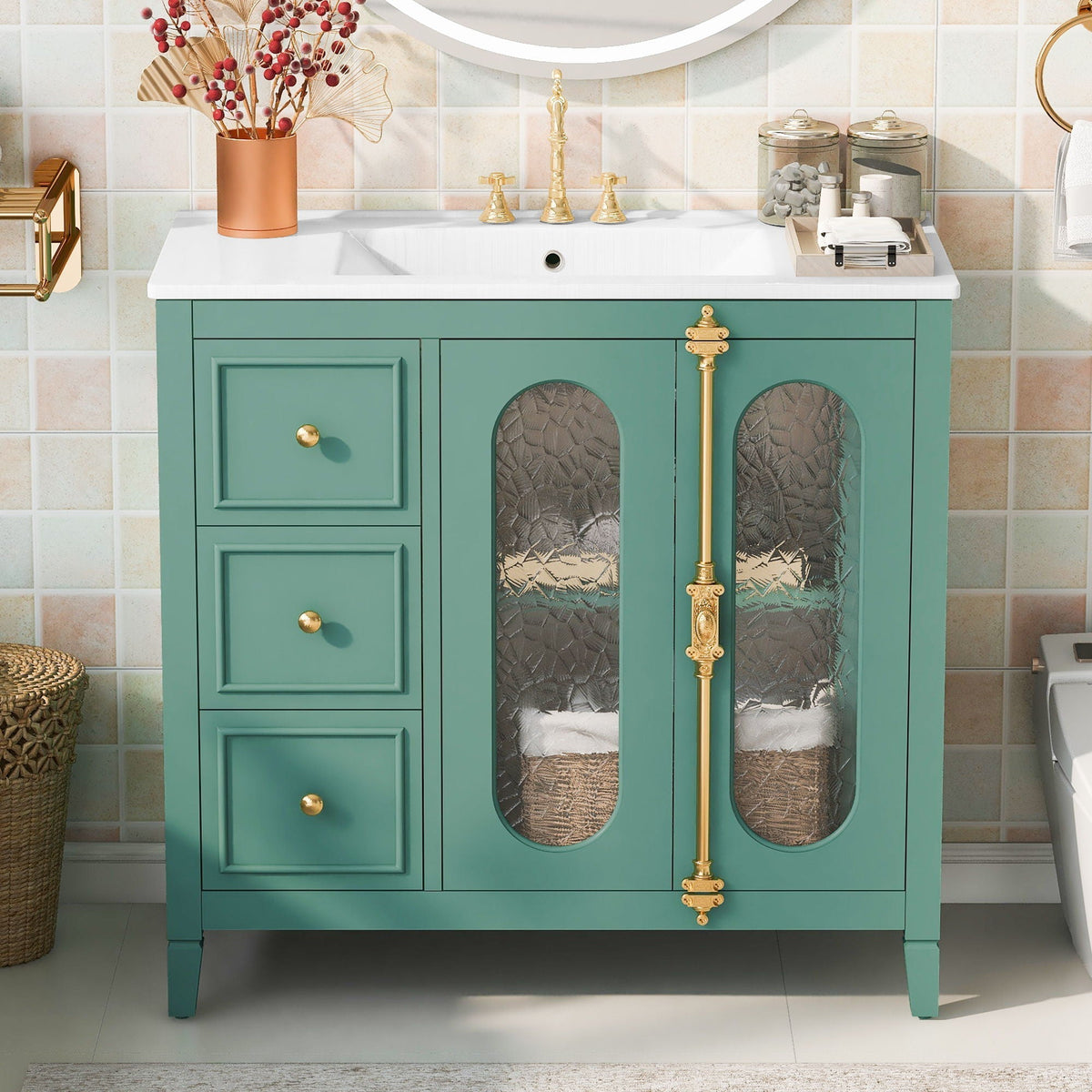 Bathroom Vanity with 3 Drawers and 2 Soft-Close Doors Cabinet - Lake Green