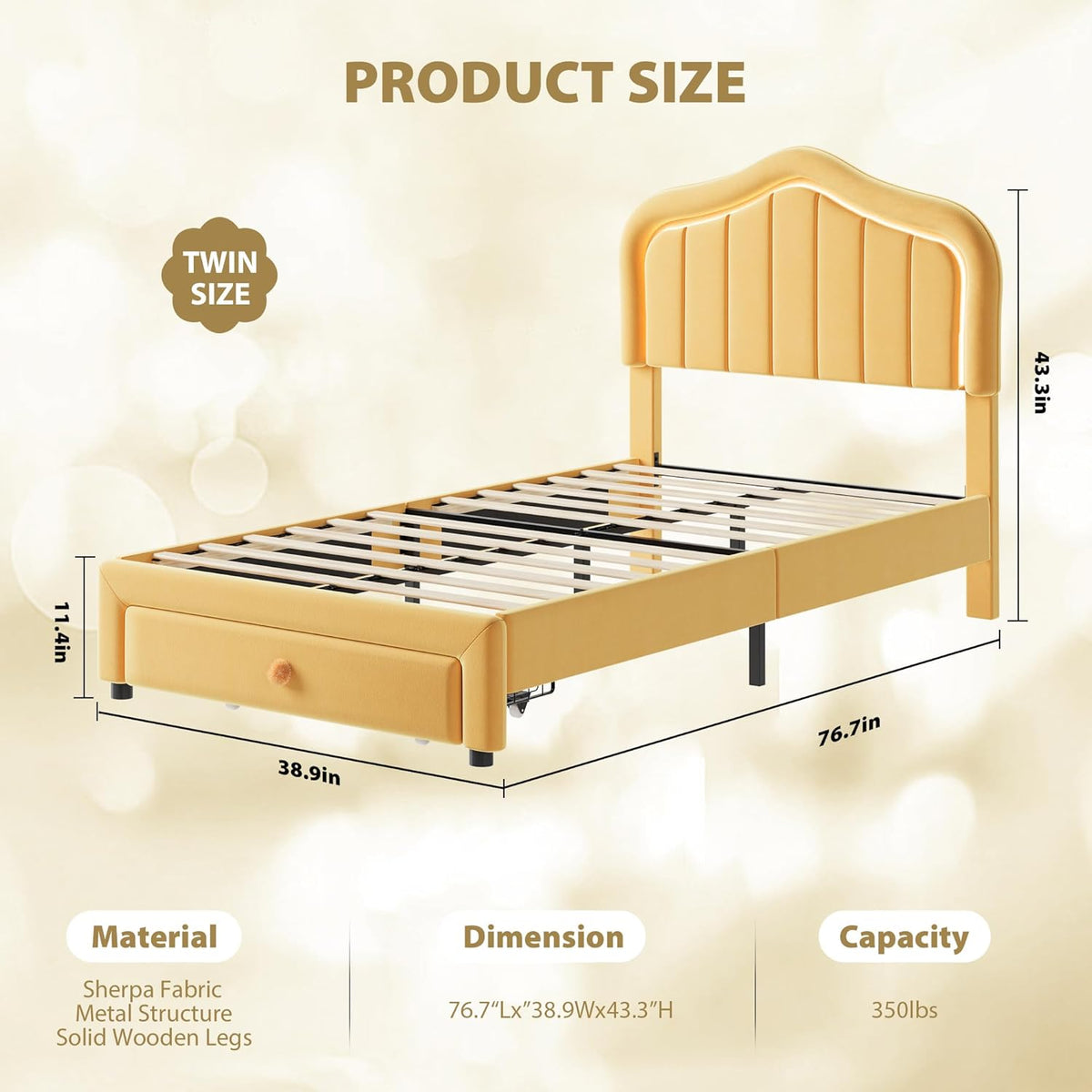 Twin Upholstered Bed Frame with Storage Drawer and Smart Led Headboard, Twin Size Platform Bed Frames for Kids, Wooden Slats Support, No Box Spring Needed, Easy Assembly, Yellow