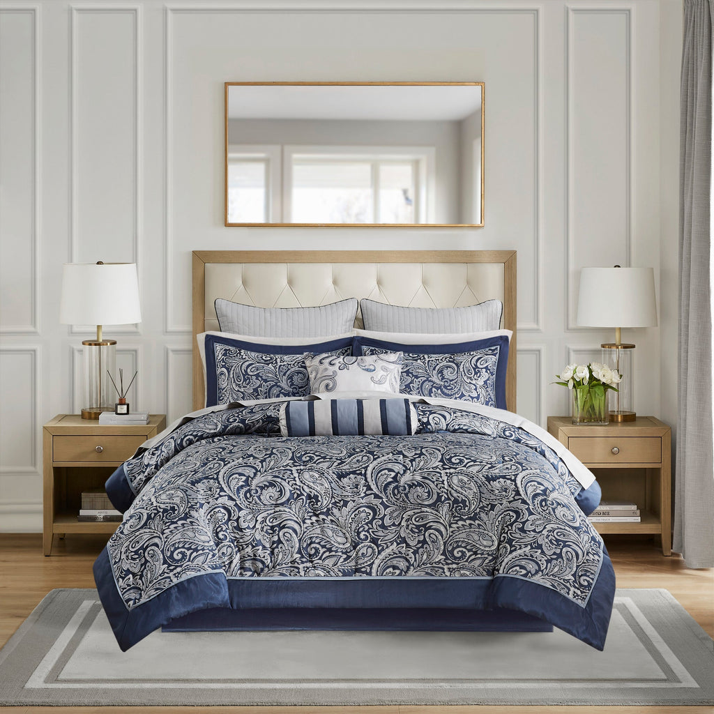 12 Piece Comforter Set with Cotton Bed Sheets Navy King