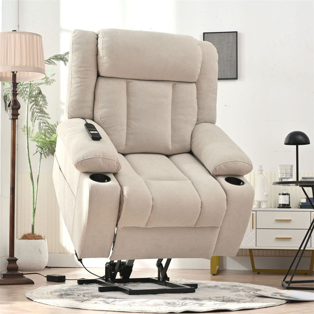 Power Lift Recliner Chair With Extended Footrest, Remote Control, Cup Holders, And Side Pockets