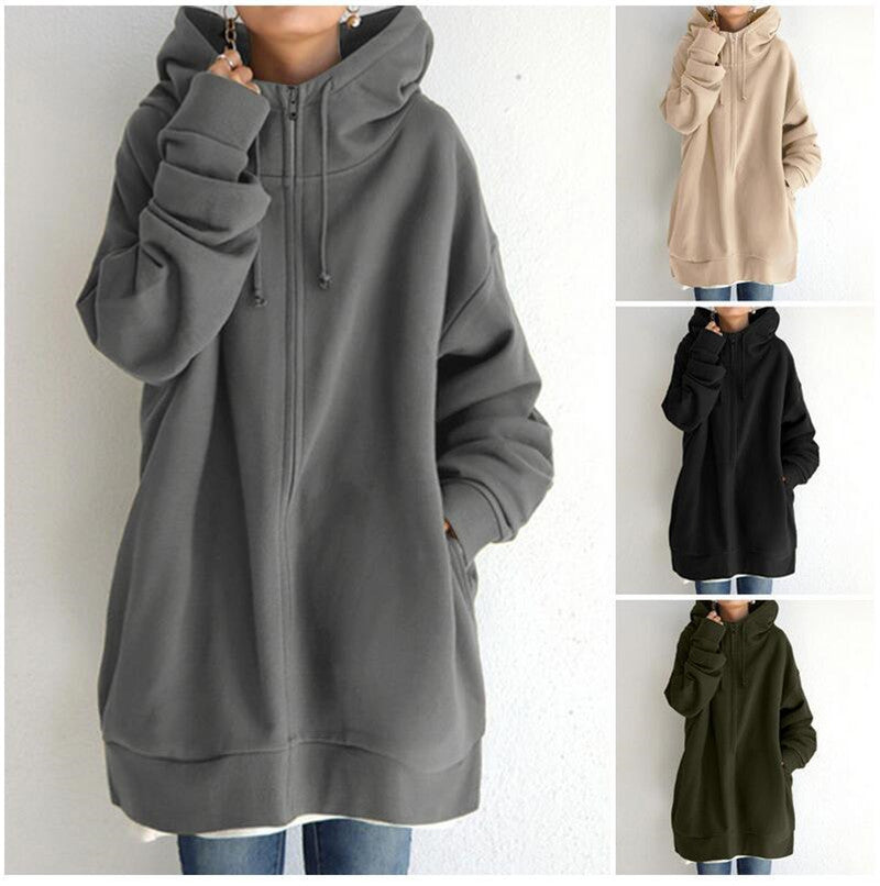 Women's Oversized Hooded Zip-Up Sweatshirt Coat – Velvet-Lined, Long Sleeve