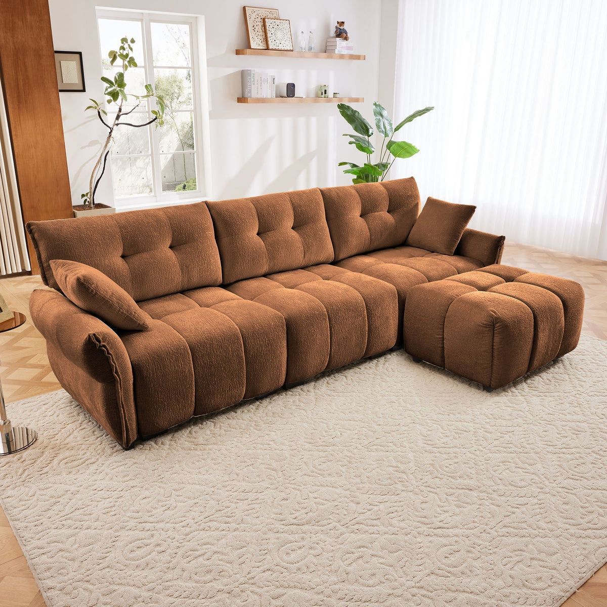 Sofa Set With Ottoman And Pillows, Textured, High Resilience Cushions