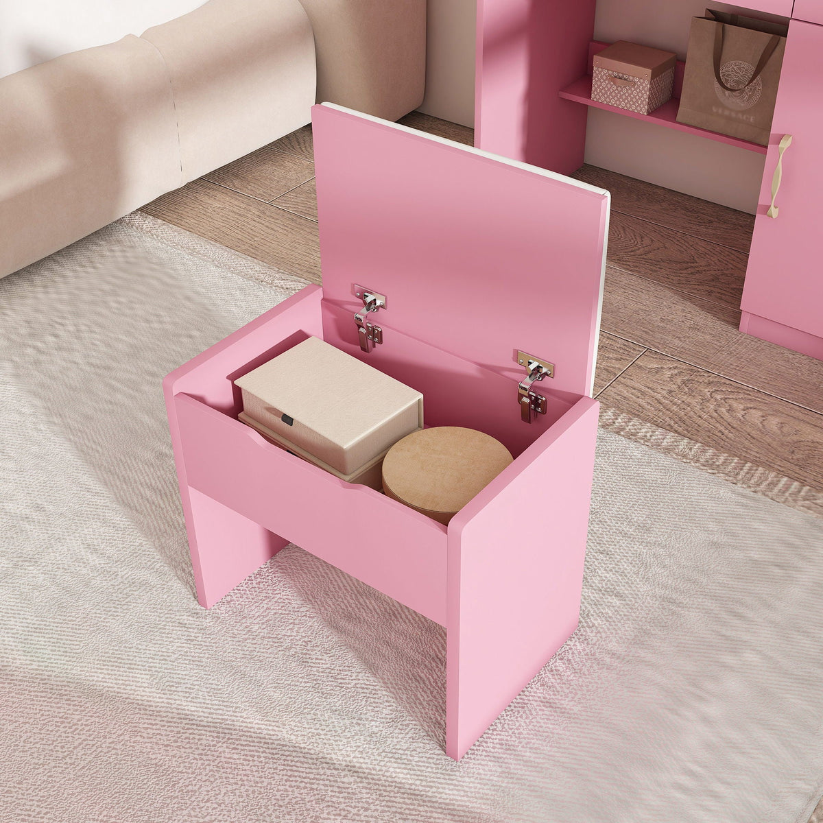 Vanity Desk With LED Mirror Lights And Power Outlet Charging Station, 3 Drawers, 7 Shelves, Storage Stool - Pink