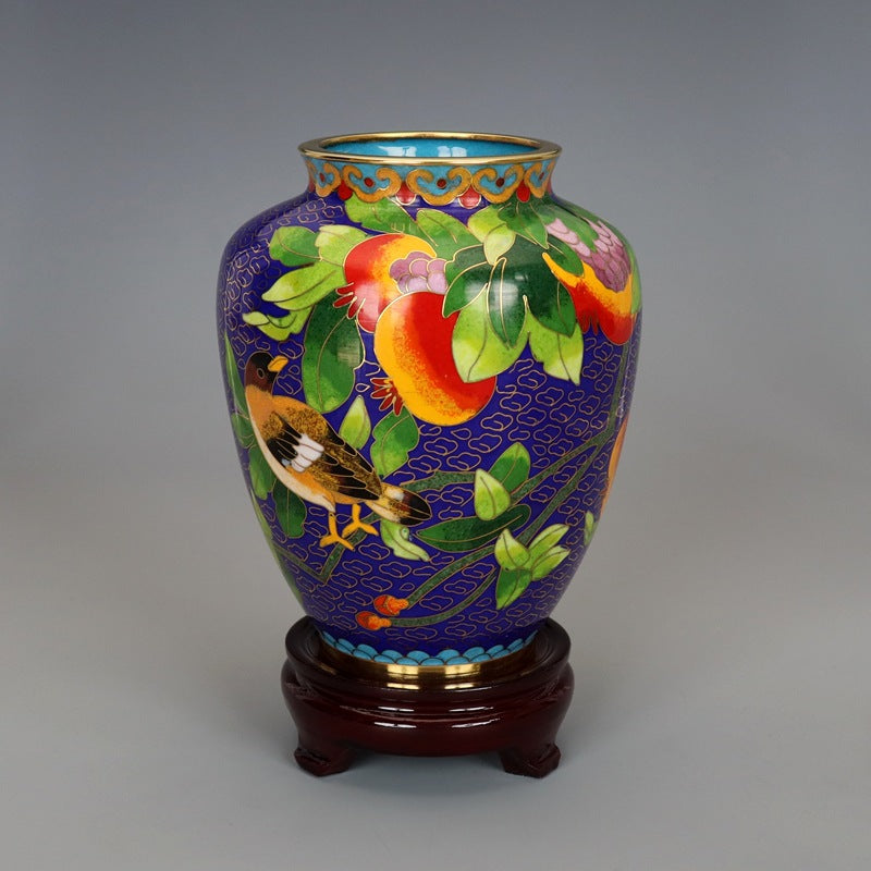 Traditional Chinese Handmade Copper-Based Cloisonne Enamel 5-inch Pomegranate Vase with Base