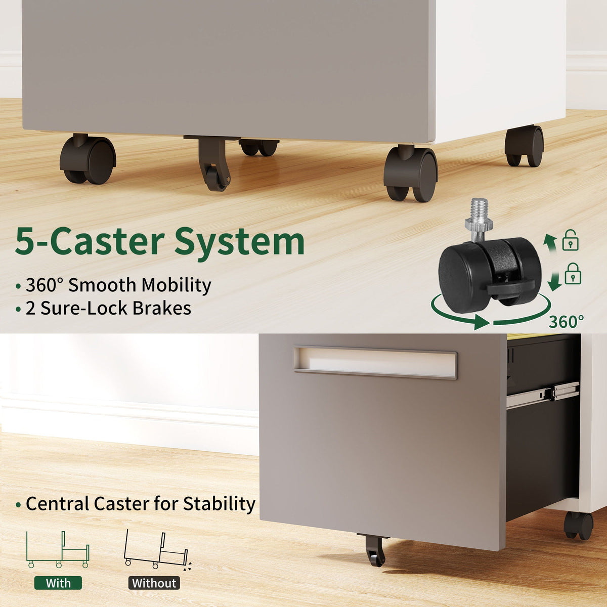 2-Drawer Mobile File Cabinet With Lock,On 360° Wheels, Holds A4/Letter/Legal Files - White