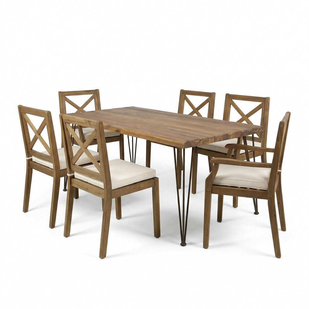 7 Pieces Acacia Wood Outdoor Dining Set with Cream Cushions