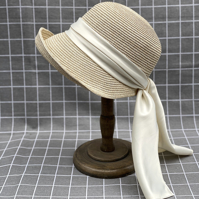 Japanese Style Curling Front Big Back Small Satin Ribbon Bucket Hat Summer Straw Hat Female Bucket Hat Sun-proof Beach Hat Tide
