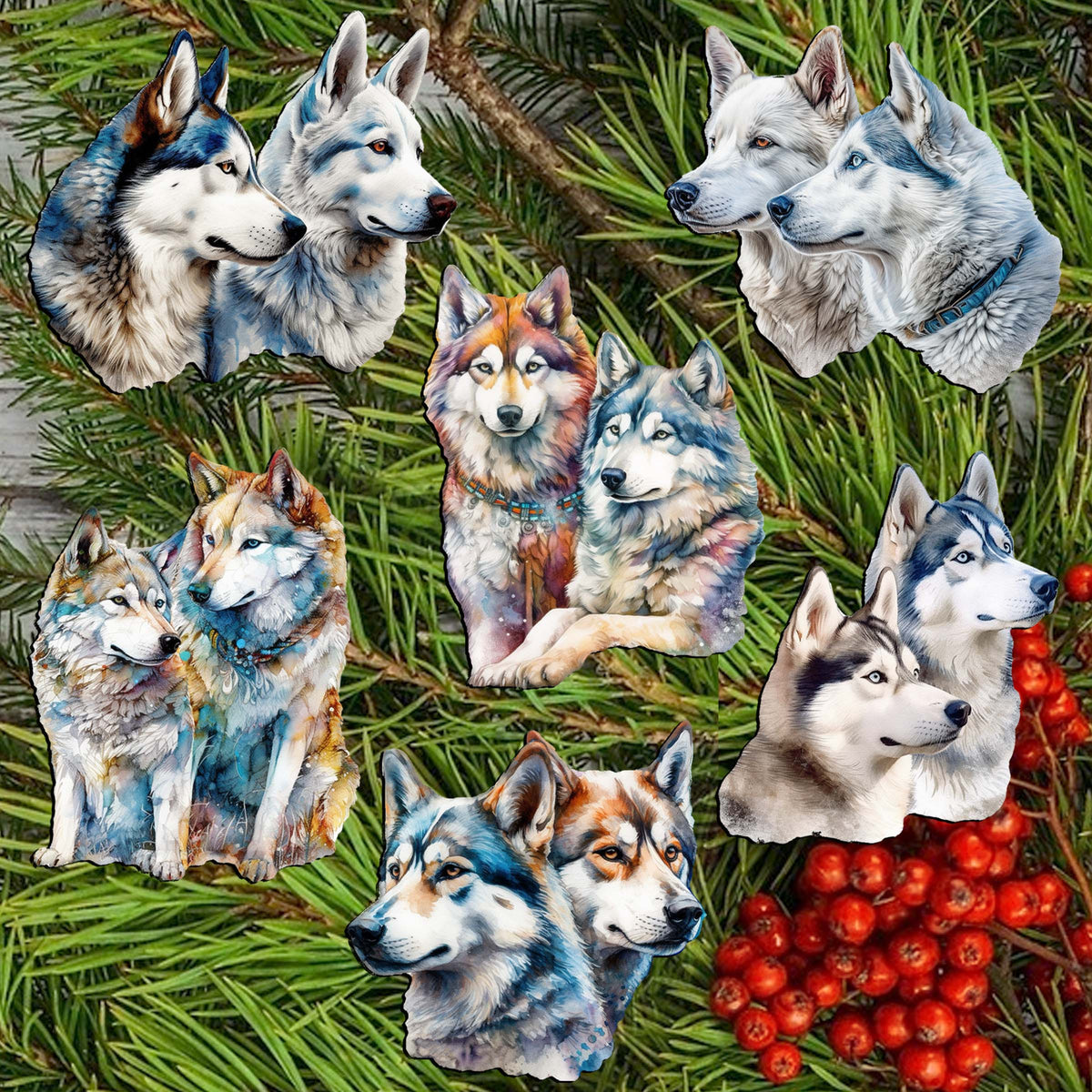 The Graceful Huskies Clip-On Eco Wood Decorative Ornaments Set of 6 by G. Debrekht - Wildlife Décor - 8090115C-S6