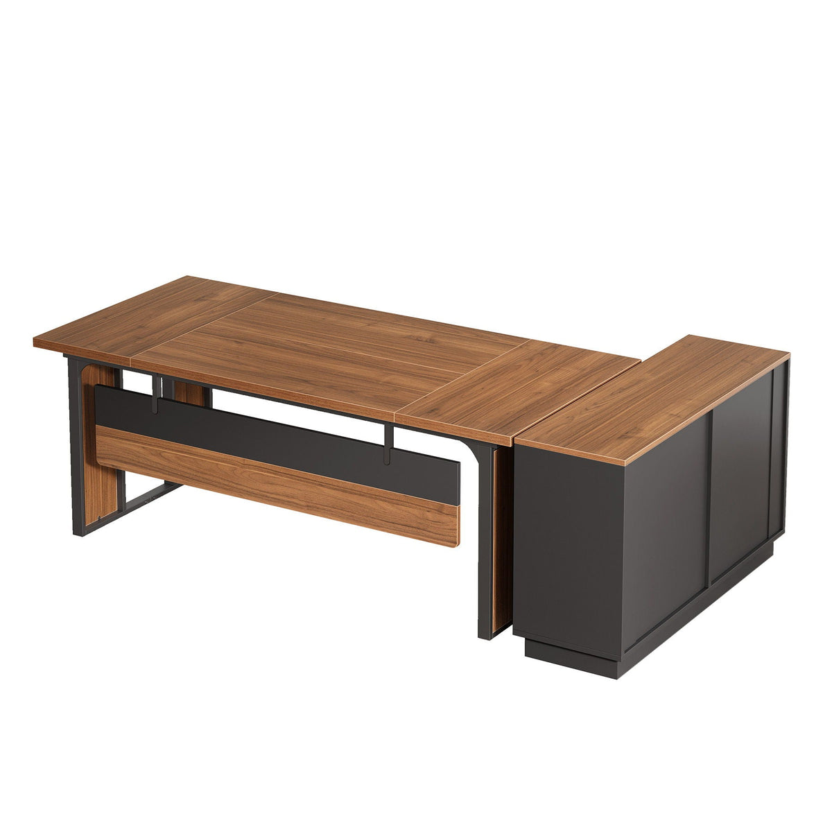 L-Shaped Executive Desk With File Cabinet, Office Computer Desk With Drawers & Open Shelves, Workstation For Home Office - Brown / Black