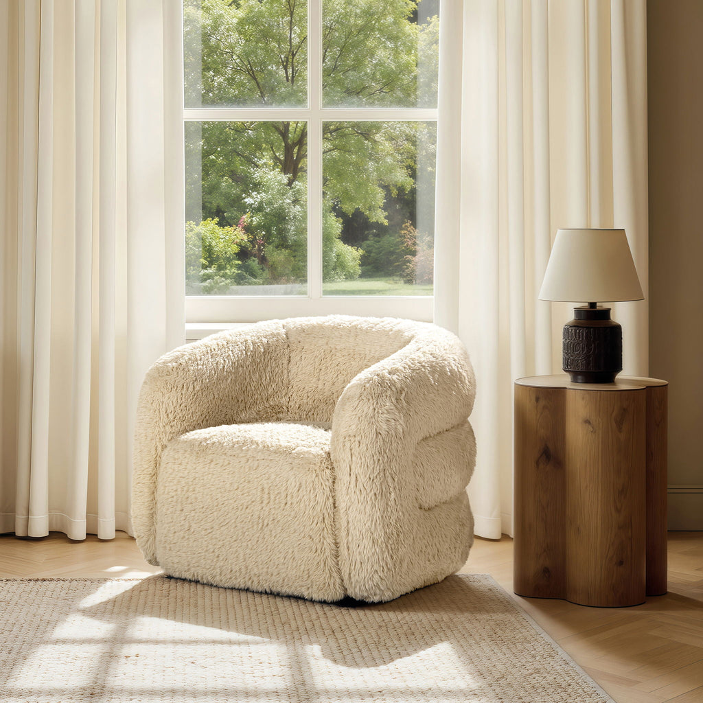 Colt - Fur Swivel Upholstered Barrel Accent Arm Chair - Cream Beige