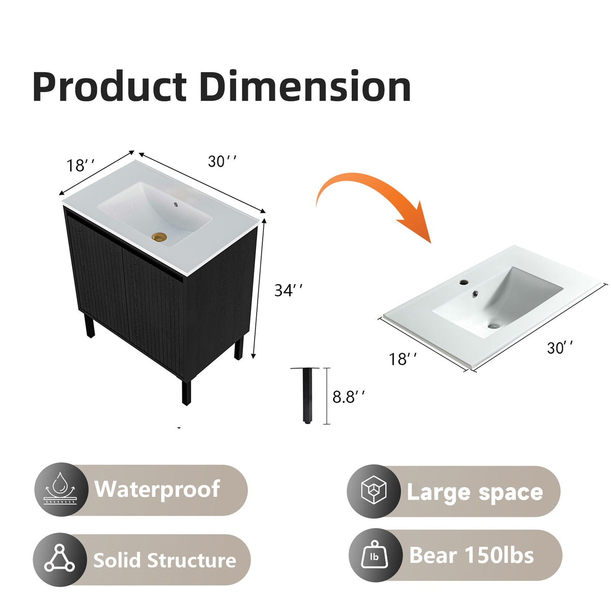 Bathroom Vanity With Ceramic Sink, Floor-Standing Design, Soft-Closing Drawers