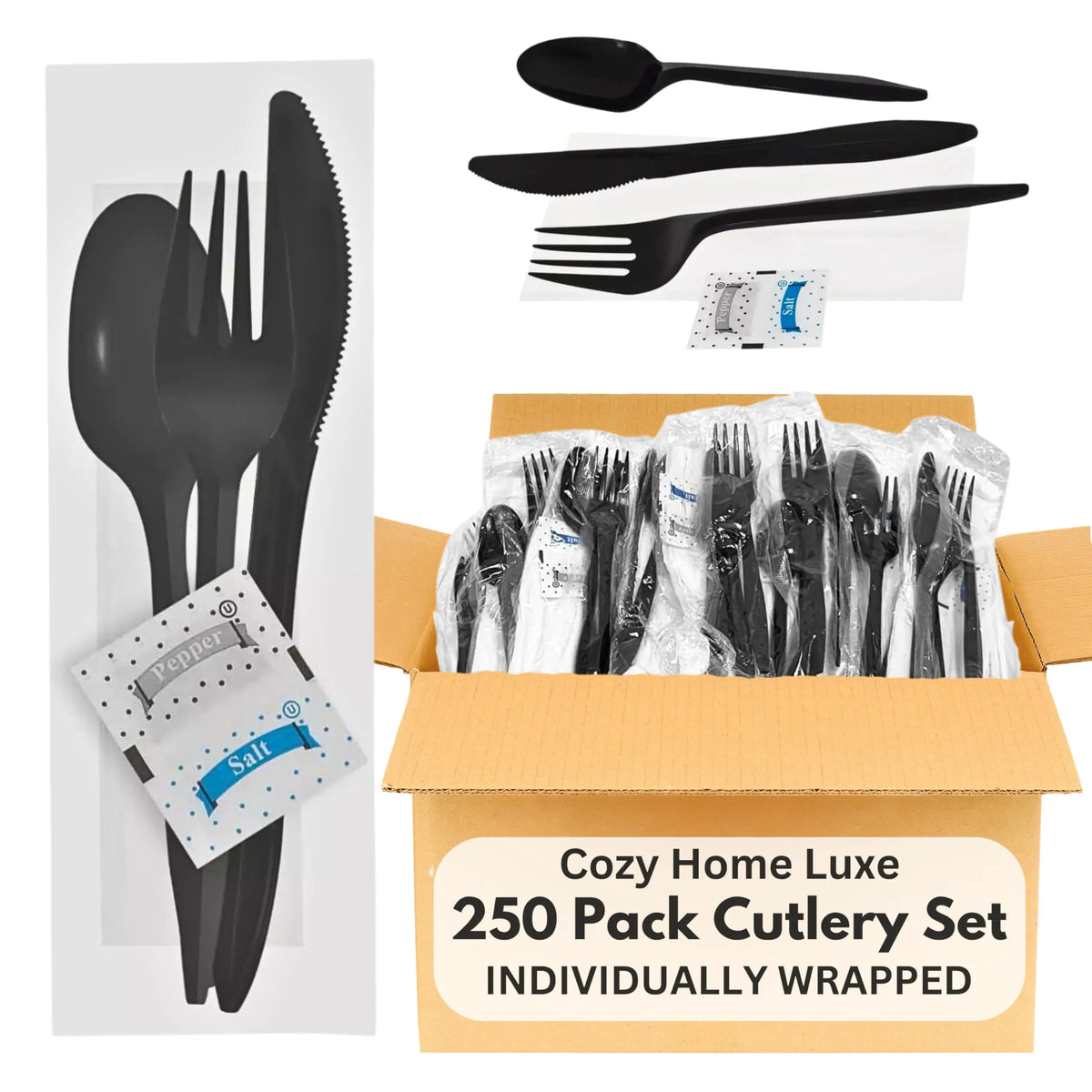 250-Pack Black Plastic Cutlery Set | Fork Spoon Knife Napkin & Salt Pepper Packets | Disposable Plastic Silverware Sets Individually Wrapped