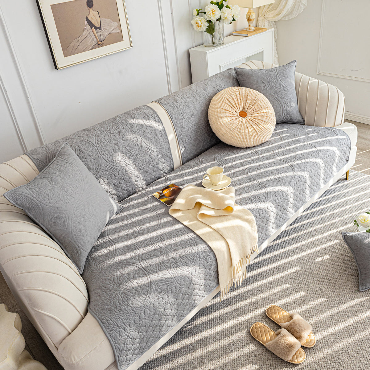 Cotton Quilted Sofa Cover, Non-Slip Couch Protector Fits Backrest, Seat & Armrest