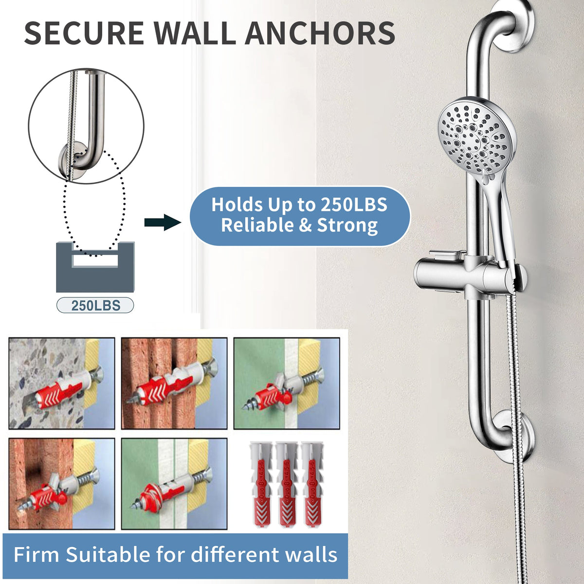 Stainless Steel Slide Bar Grab Rail Set  Includes Handheld Shower Head and 69'' Hose