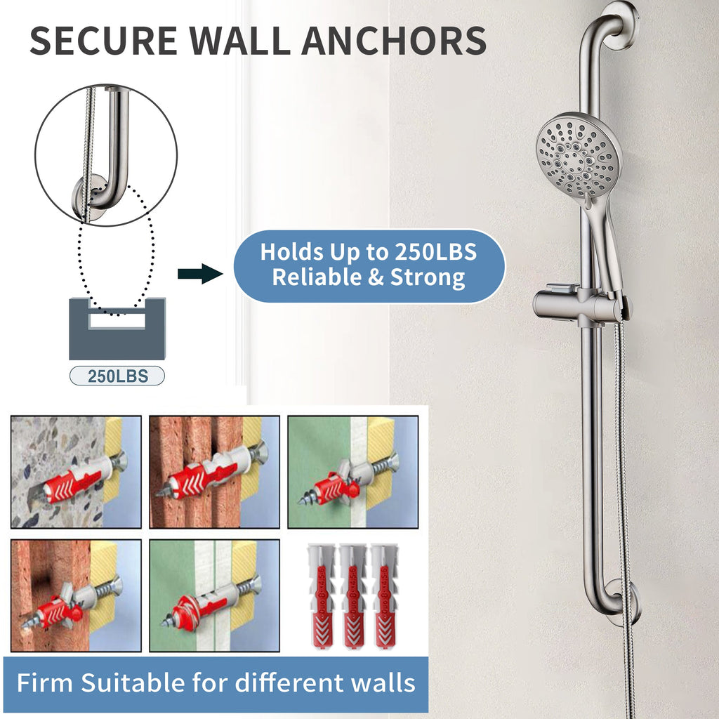 Stainless Steel Slide Bar Grab Rail Set  Includes Handheld Shower Head and 69'' Hose