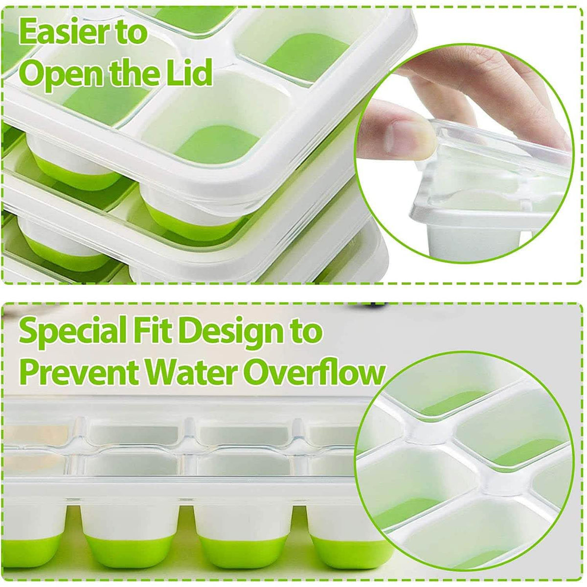 4-Pack: Easy-Release Silicone & Flexible 14-Ice Cube Trays with Spill-Resistant Removable Lid