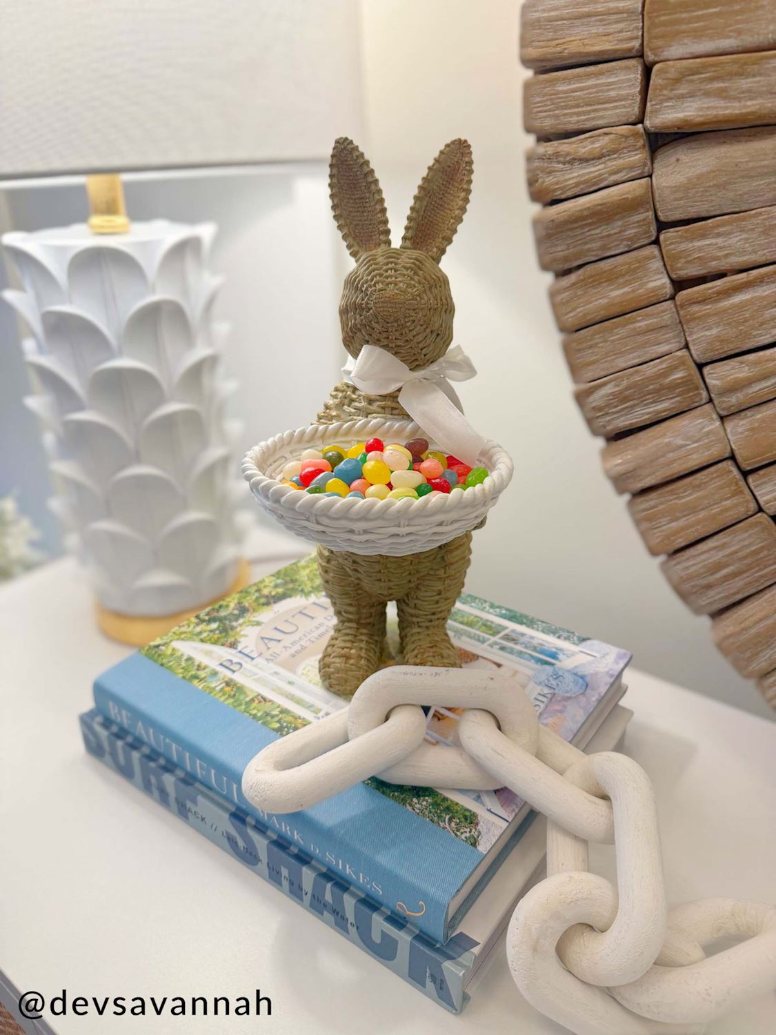 Woven Wicker Resin Bunny Sitter with Candy Dish