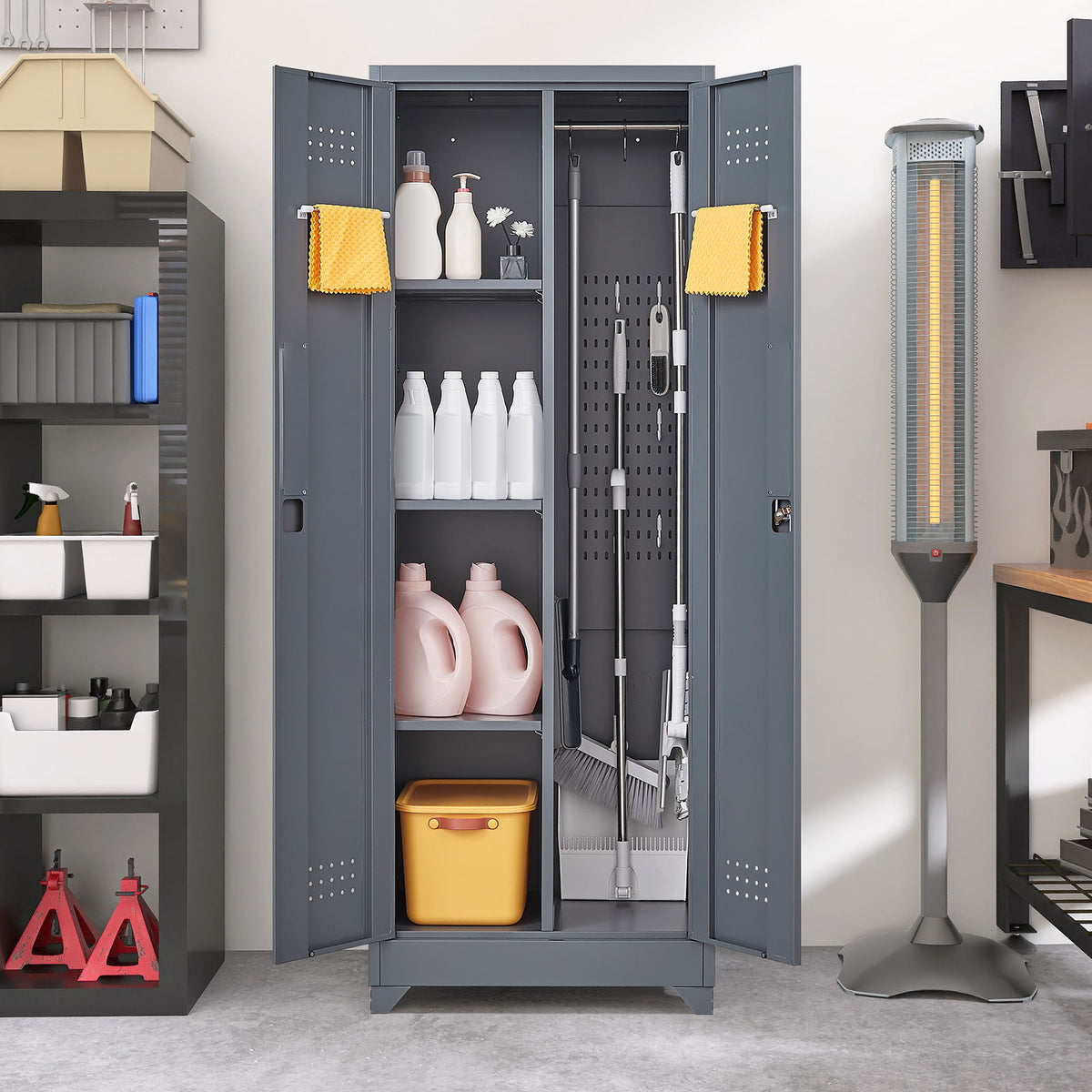 Heavy Duty Storage Cabinet With Locking Doors, Hanging Rod & Shelves, Broom Closet - Gray