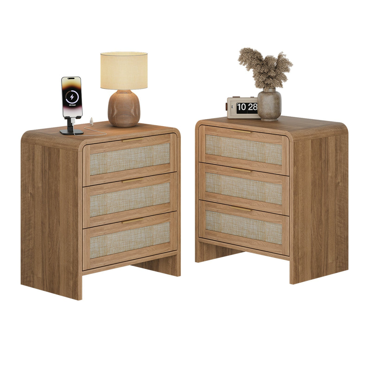 Rattan Nightstand Set of 2 with 3 Drawers in Caramel Oak