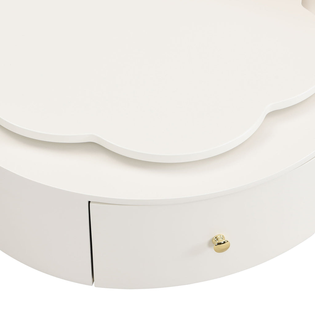 Modern Round Coffee Table (Set of 2), 360 Degree Rotatable Flower Shaped Top With 2 Drawers, Top Circle Side Table End Table With Glass For Living Room - Off White