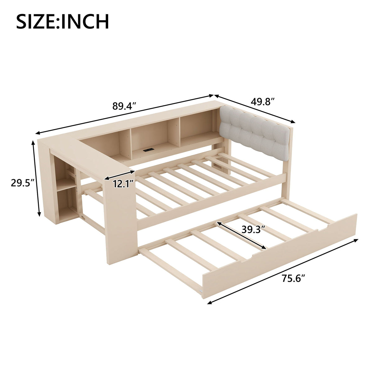 Upholstered Headboard Platform Bed with Storage Shelves, Trundle, and Charging Station