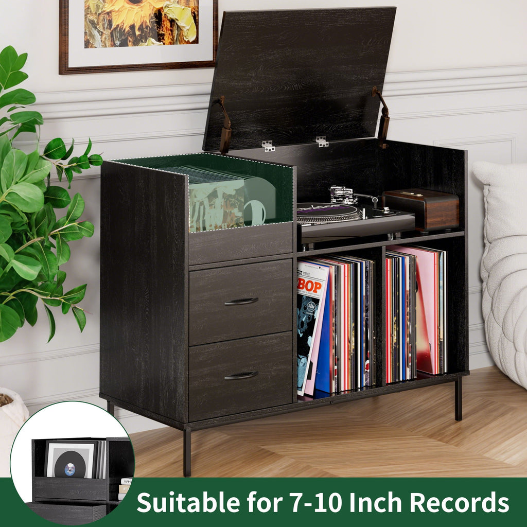Eco-Friendly Vinyl Record Player Stand With Flip-Top Storage, Media Console With Dual Outlets And Dustproof Drawers
