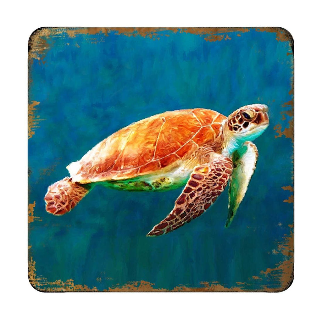 Sea Turtle Coastal Wooden Cork Coasters Gift Set of 4 by Nature Wonders - Coastal Sea-Life Decor - 95266C-S4