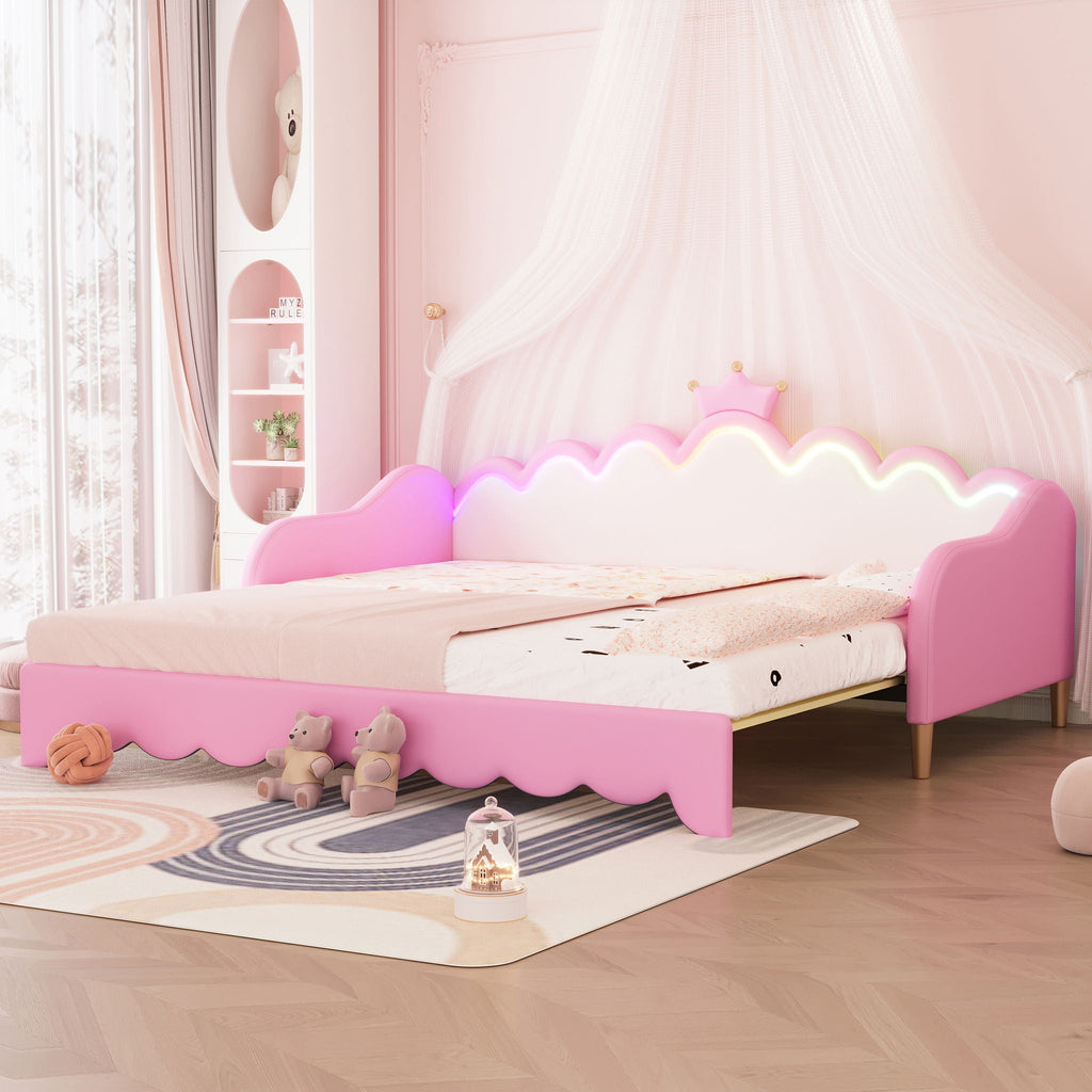 Extending Daybed With LED Lights, Modern Upholstered Princess Daybed With Crown Headboard