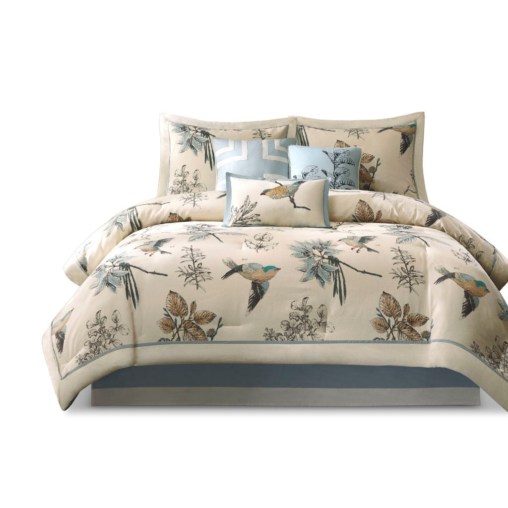 7 Piece Printed Cotton Twill Comforter Set Khaki Cal King