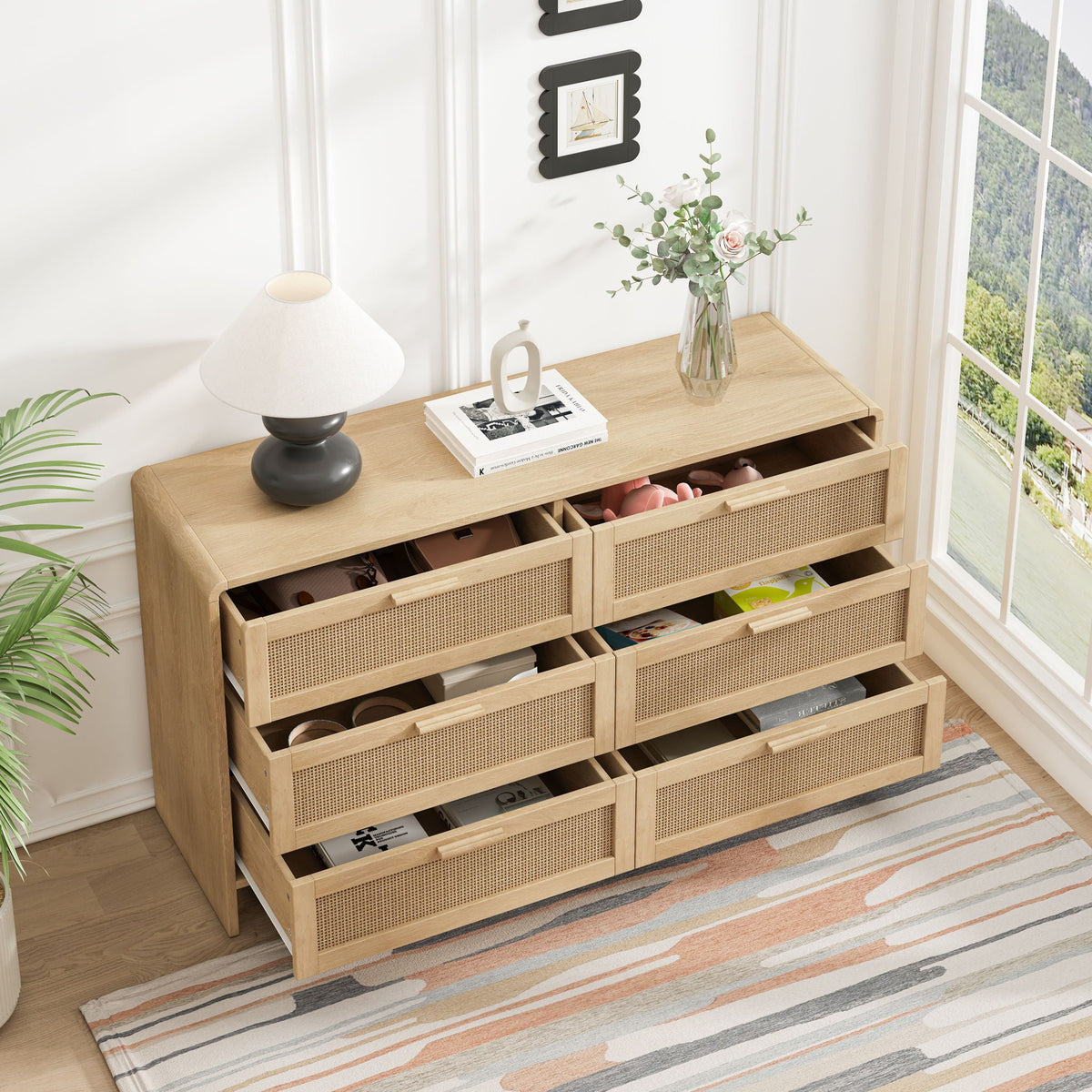 Modern Arc Shaped Corner Rattan Cabinet With 6 Drawers