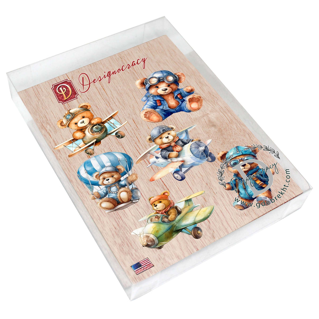 Aviator Teddy Bear Decorative Eco Wood Magnets Set of 6 by G. Debrekht - Christmas Decor - 8090010G-S6