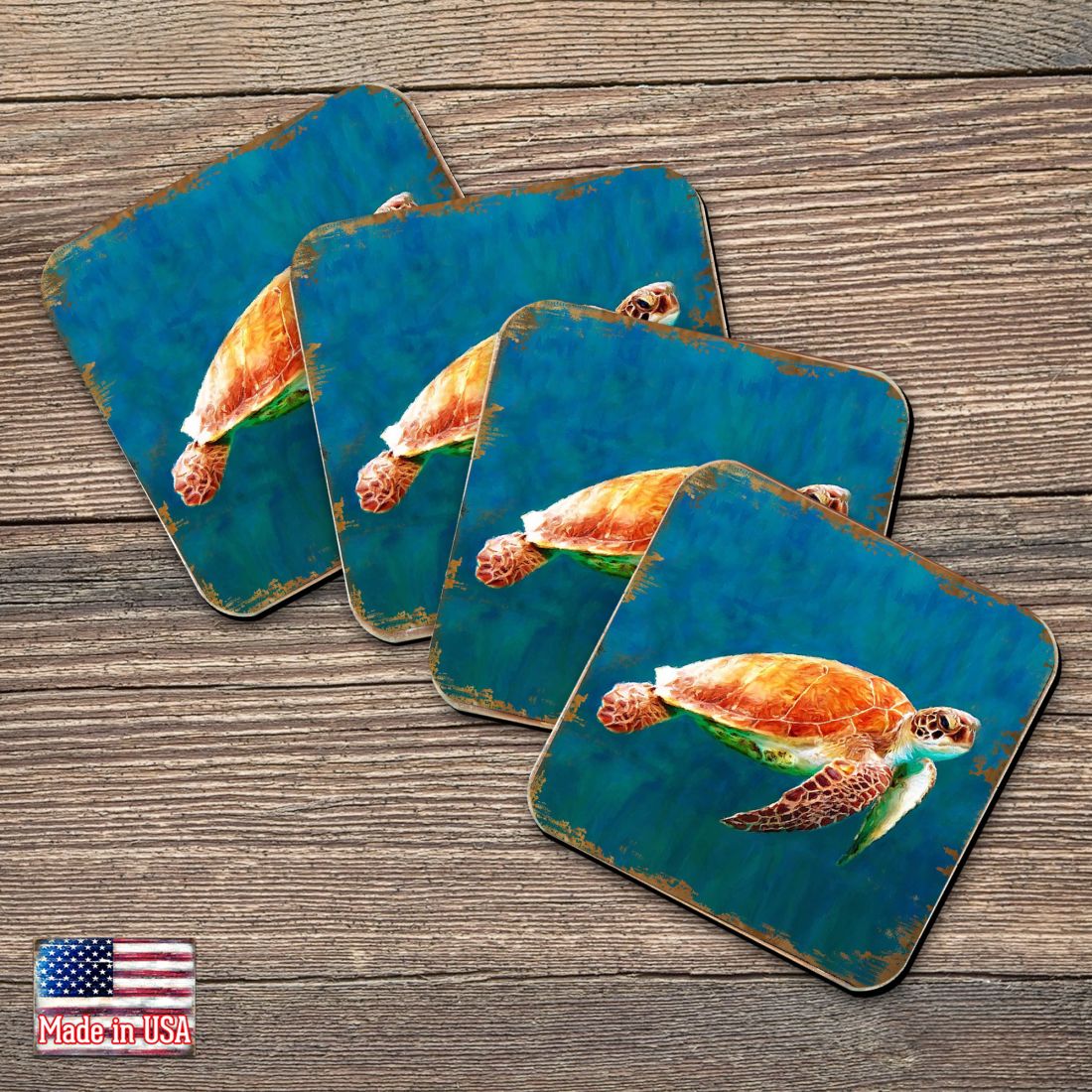 Sea Turtle Coastal Wooden Cork Coasters Gift Set of 4 by Nature Wonders - Coastal Sea-Life Decor - 95266C-S4