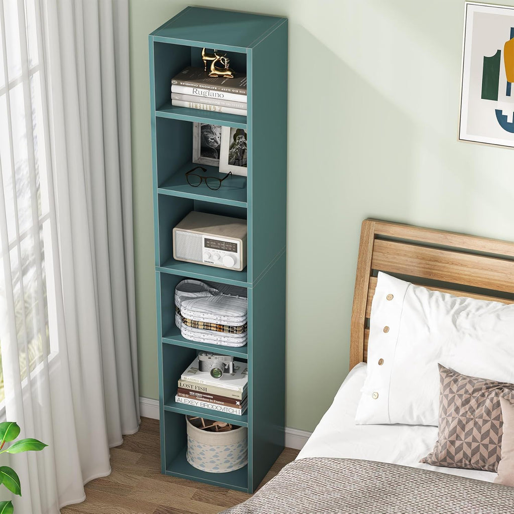 6 Tier Narrow Corner Cube Bookcase Storage, Freestanding Shelf With Open Cubes For Living Room