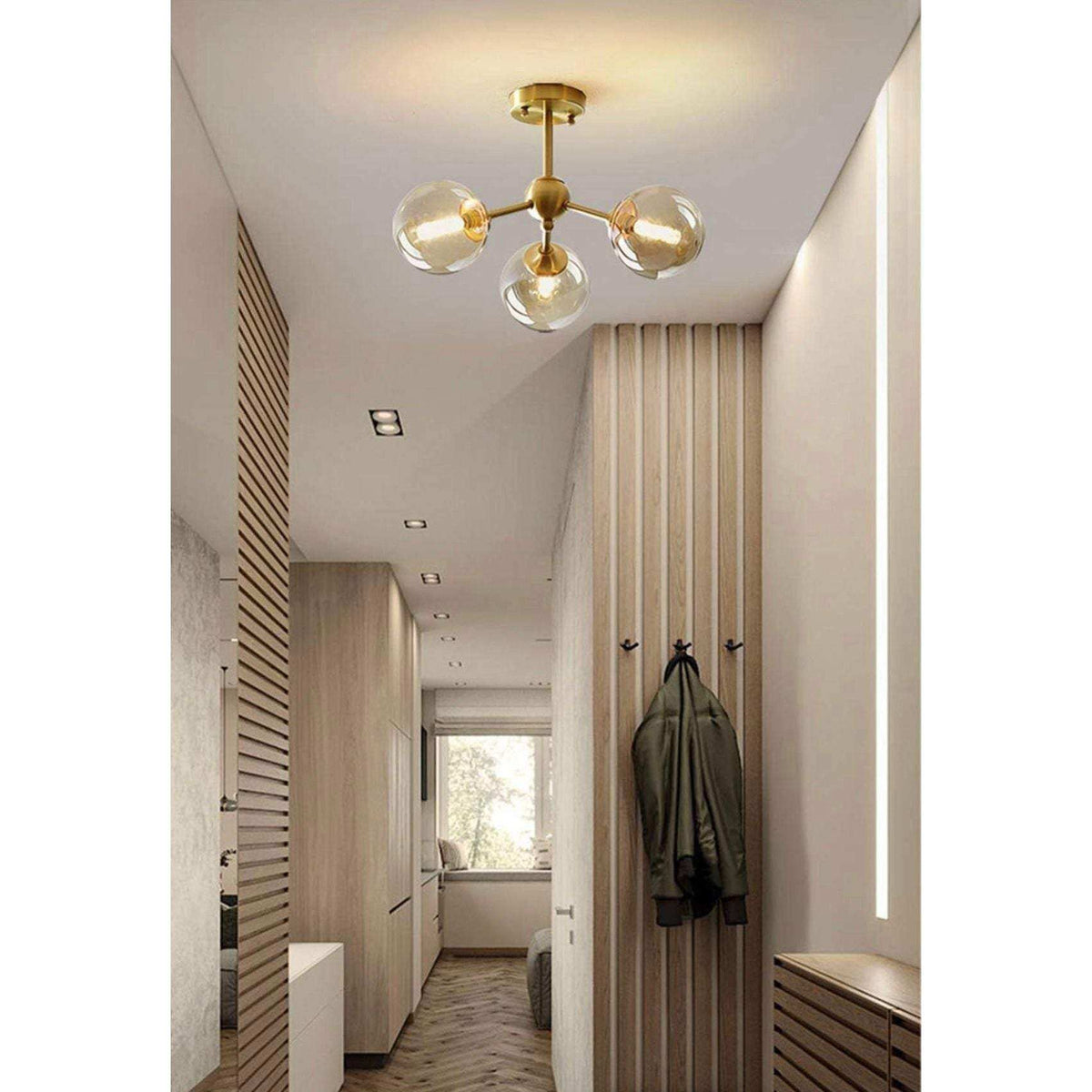 KCO Lighting Glass Globe Sputnik Chandelier 3-Light Brass Gold Close to Ceiling Light Mid Century Flush Mount Ceiling Light for Kitchen Island Bedroom Bathroom (3-Lights)