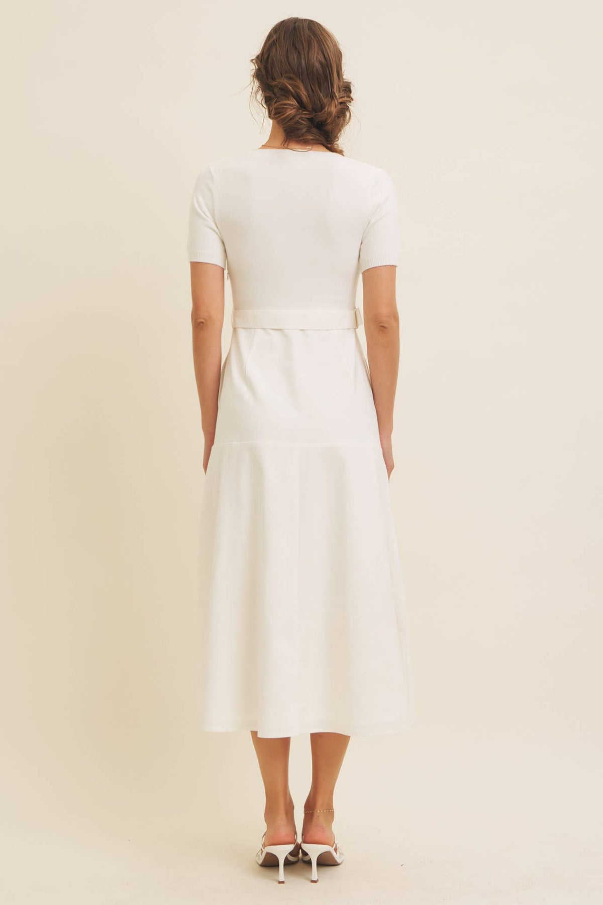 Delaney Sweater Midi Dress - White Mixed Media Dress with Belt