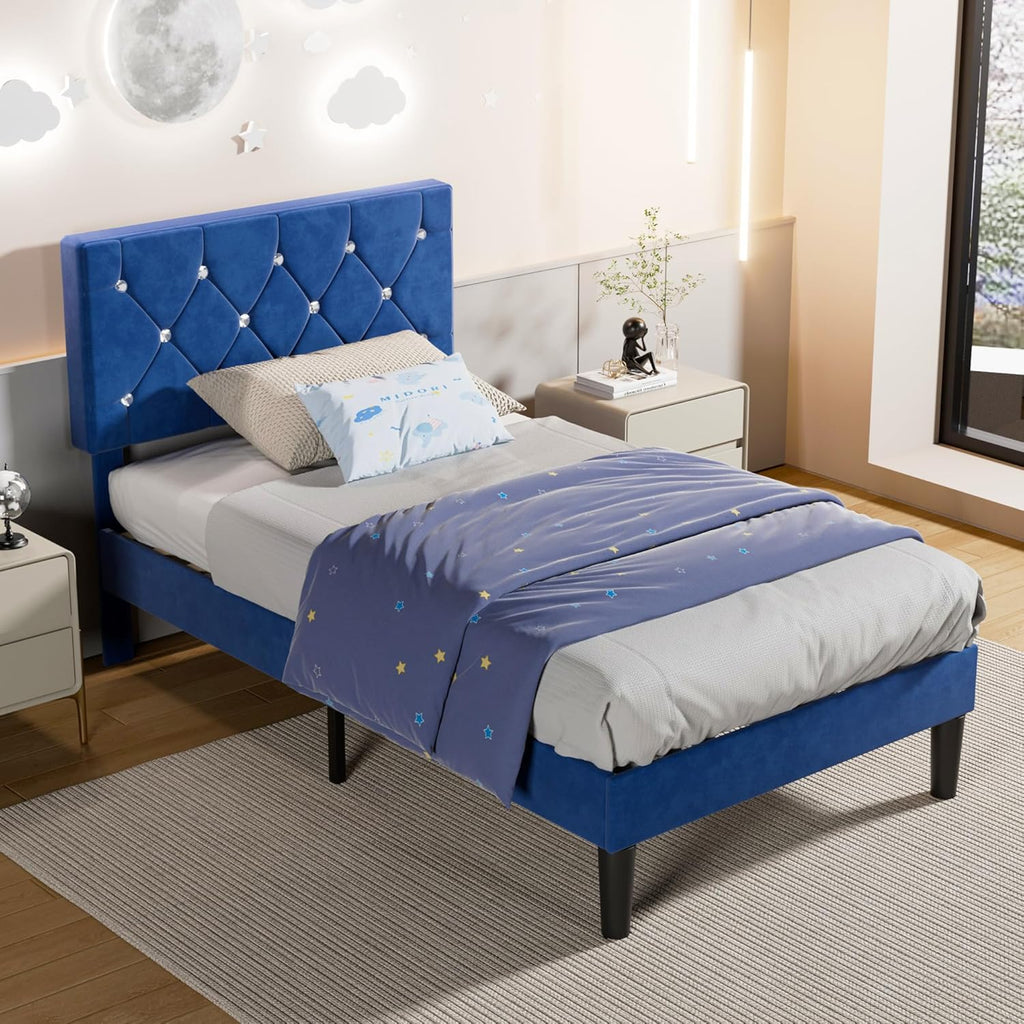 Twin Size Bed Frame, Upholstered Platform with Adjustable Diamond Tufted Headboard, Wood Slat Support, No Box Spring Needed, Navy Blue