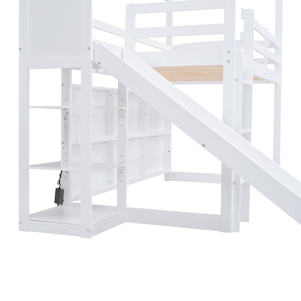 House Loft Bed With Slide, Storage Shelves And Light, Climbing Ramp
