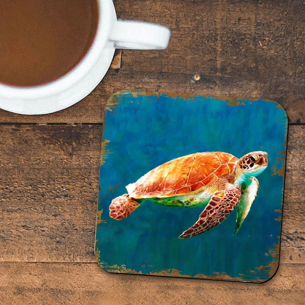 Sea Turtle Coastal Wooden Cork Coasters Gift Set of 4 by Nature Wonders - Coastal Sea-Life Decor - 95266C-S4