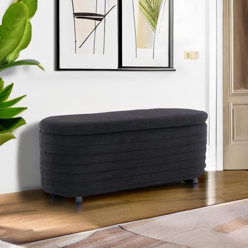 Kmax Storage Bench Faux Fur Entryway Bench Upholstered Ottoman Bench for Bedroom Living Room Hallway, Black