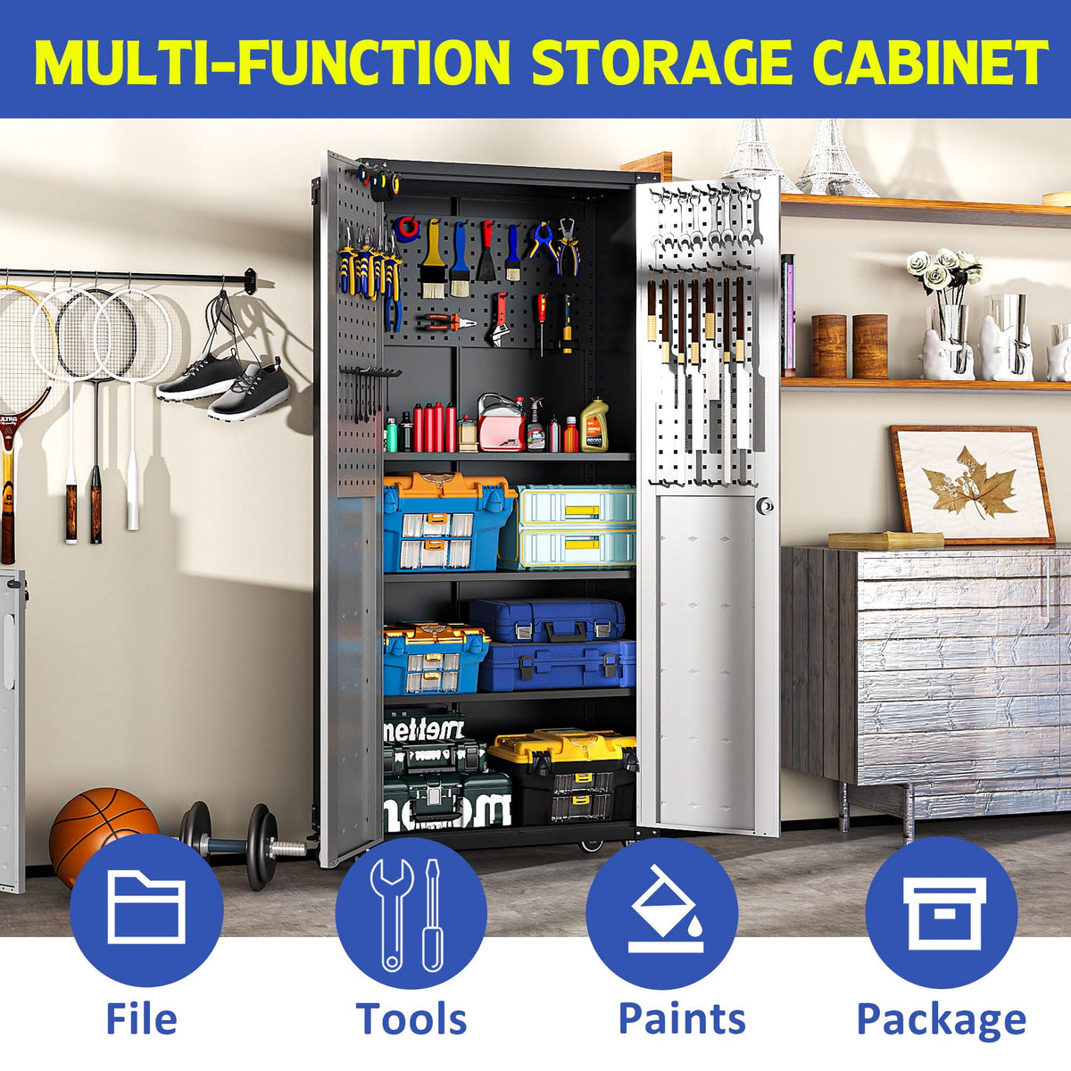 Metal Garage Storage Cabinet With Wheels Heavy Duty Tool Storage Cabinet - Brushed Nickel