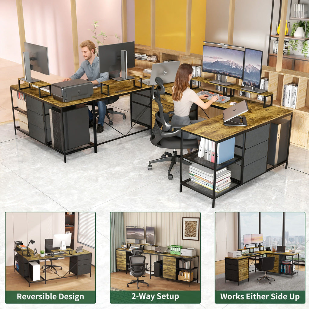 Industrial L Shaped Computer Desk With Power Outlets & USB-C, 6 Fabric Drawers, 3 Open Shelves, Movable Monitor Stands - Brown